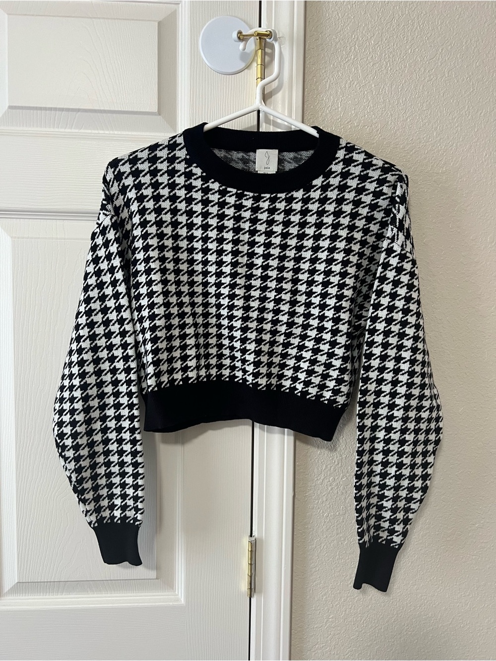 Joie Houndstooth Cropped Knit Sweater Black White Size Small